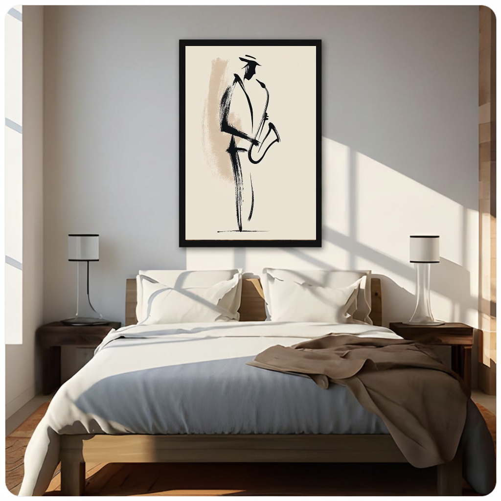 Framed minimal saxophone player canvas above a neutral bed beside soft bedroom lighting and lamps.