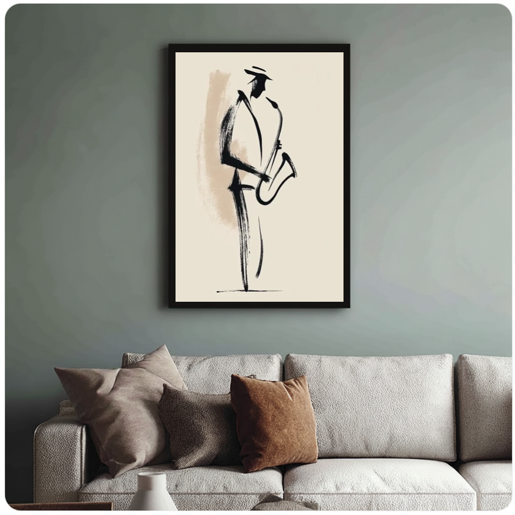 Framed minimal saxophone player canvas above a neutral sofa with cushions against a muted wall.