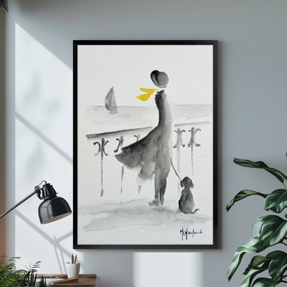 Black framed yellow scarf seaside companions canvas displayed above a console in the selected room setting.