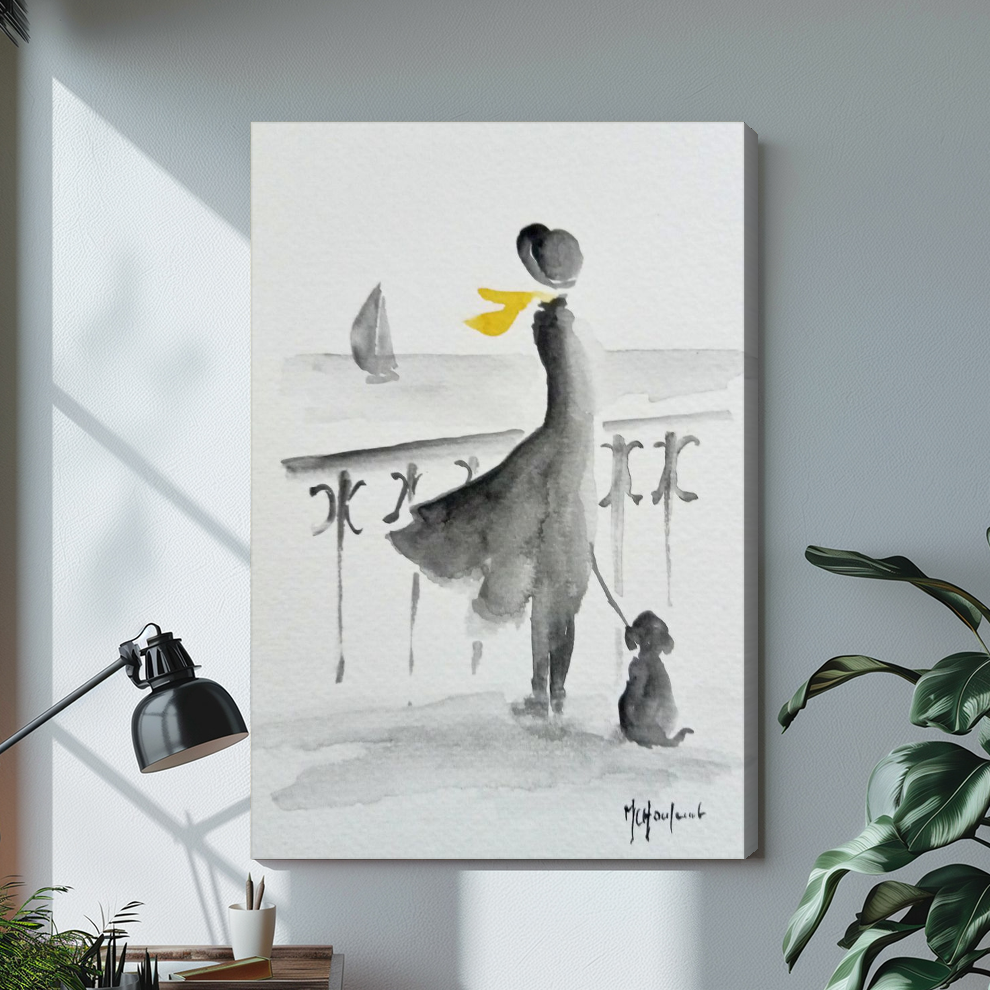 Stretched yellow scarf seaside companions canvas with a visible wrapped edge in the selected room setting.