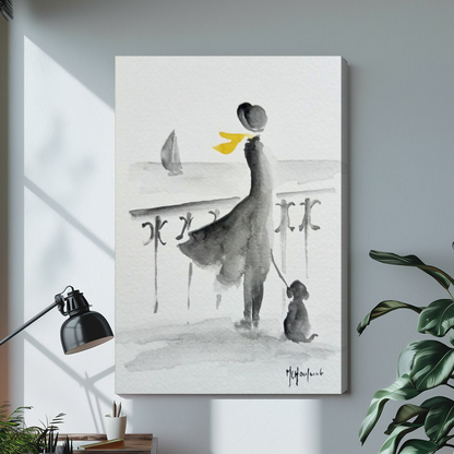 Stretched yellow scarf seaside companions canvas with a visible wrapped edge in the selected room setting.