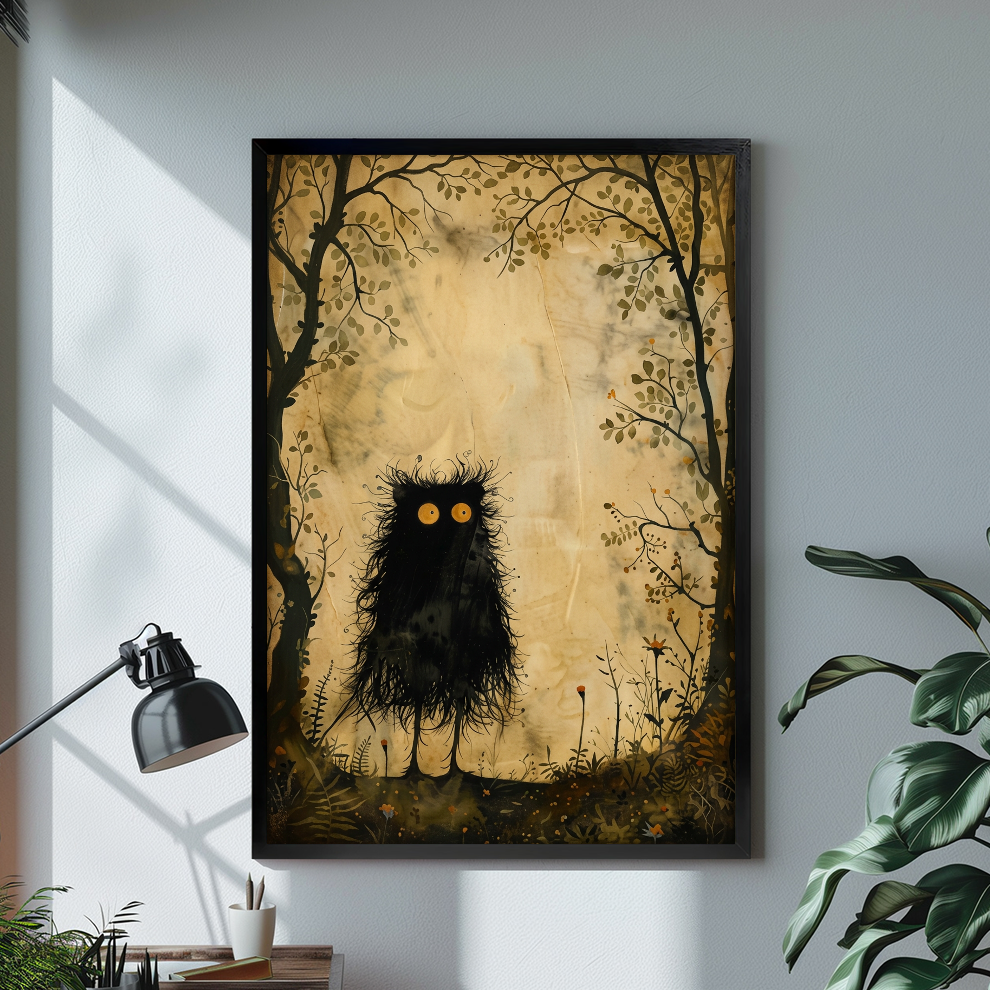 Black framed little woodland monster canvas displayed above a console in the selected room setting.