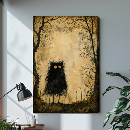 Stretched little woodland monster canvas with a visible wrapped edge in the selected room setting.