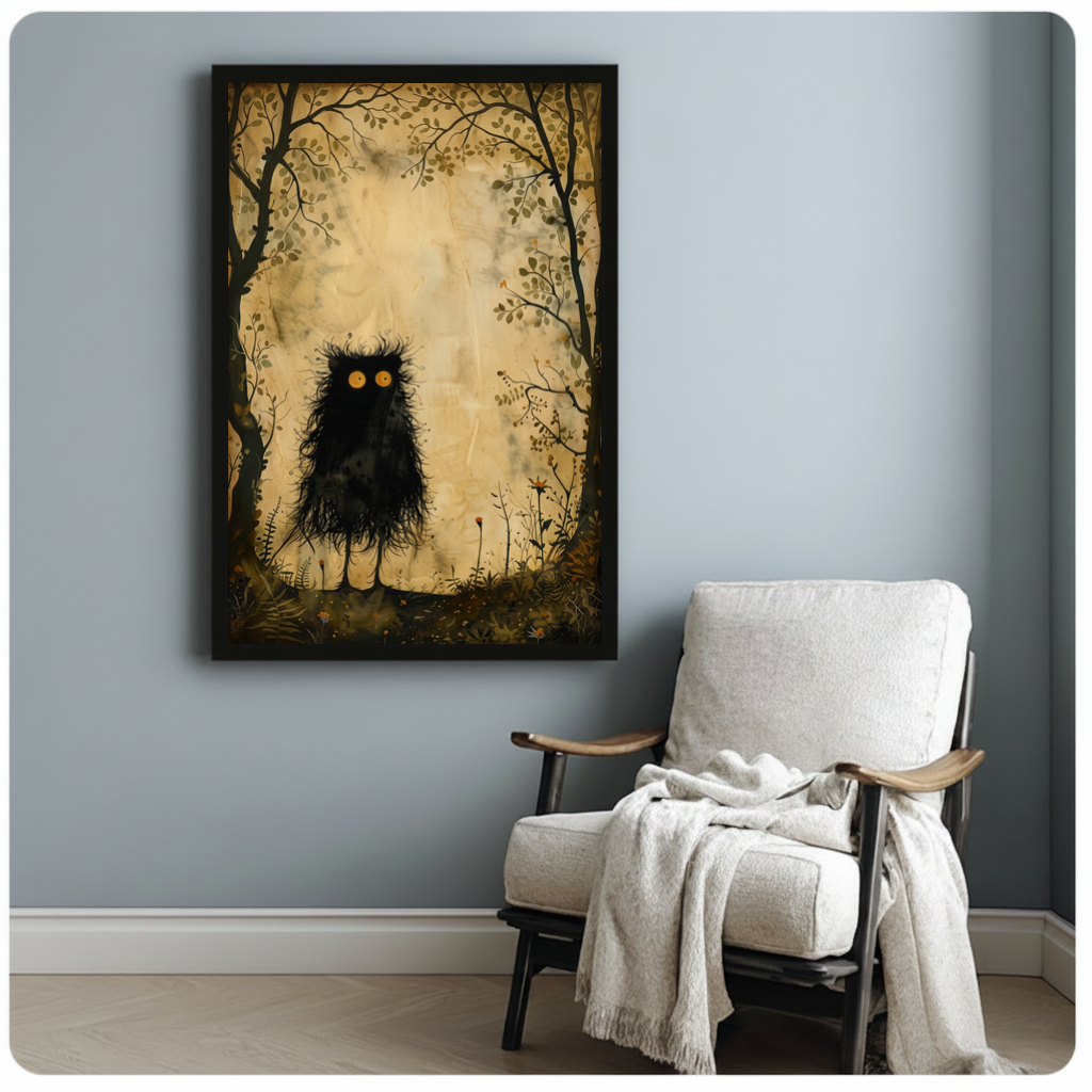 Framed little woodland monster canvas beside a pale reading chair on a blue gray wall.