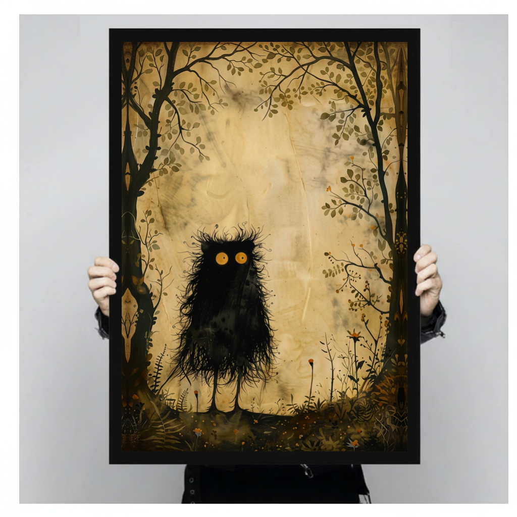 A person holds black framed little woodland monster canvas against a light neutral background.