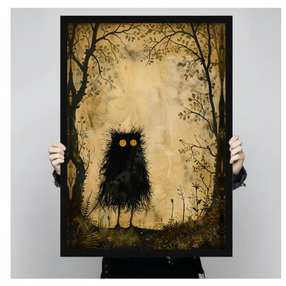 A person holds black framed little woodland monster canvas against a light neutral background.