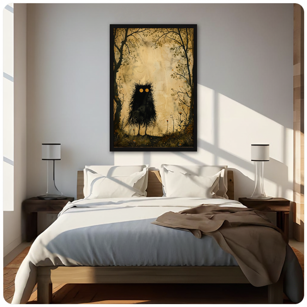Framed little woodland monster canvas above a neutral bed beside soft bedroom lighting and lamps.