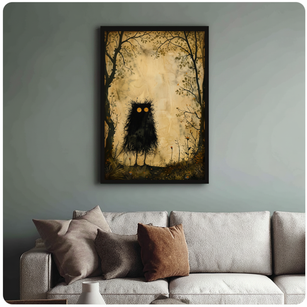 Framed little woodland monster canvas above a neutral sofa with cushions against a muted wall.