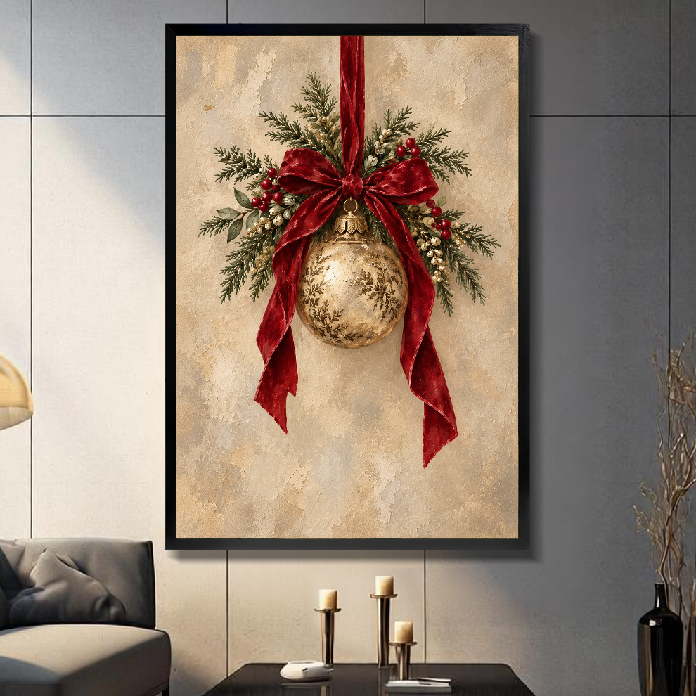Black framed vintage christmas ornament canvas displayed above a console in the selected room setting.