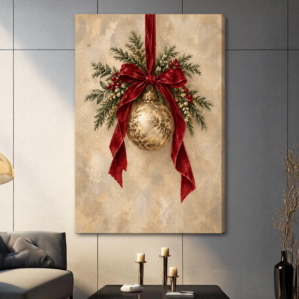 Stretched vintage christmas ornament canvas with a visible wrapped edge in the selected room setting.