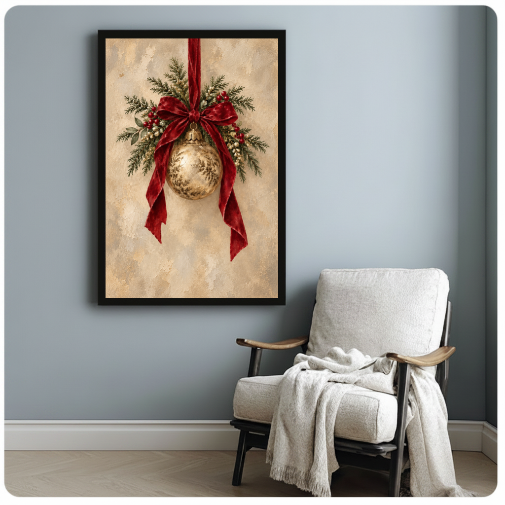 Framed vintage christmas ornament canvas beside a pale reading chair on a blue gray wall.