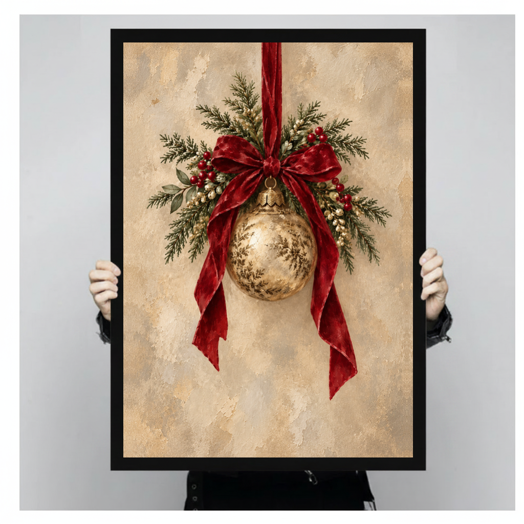 A person holds black framed vintage christmas ornament canvas against a light neutral background.