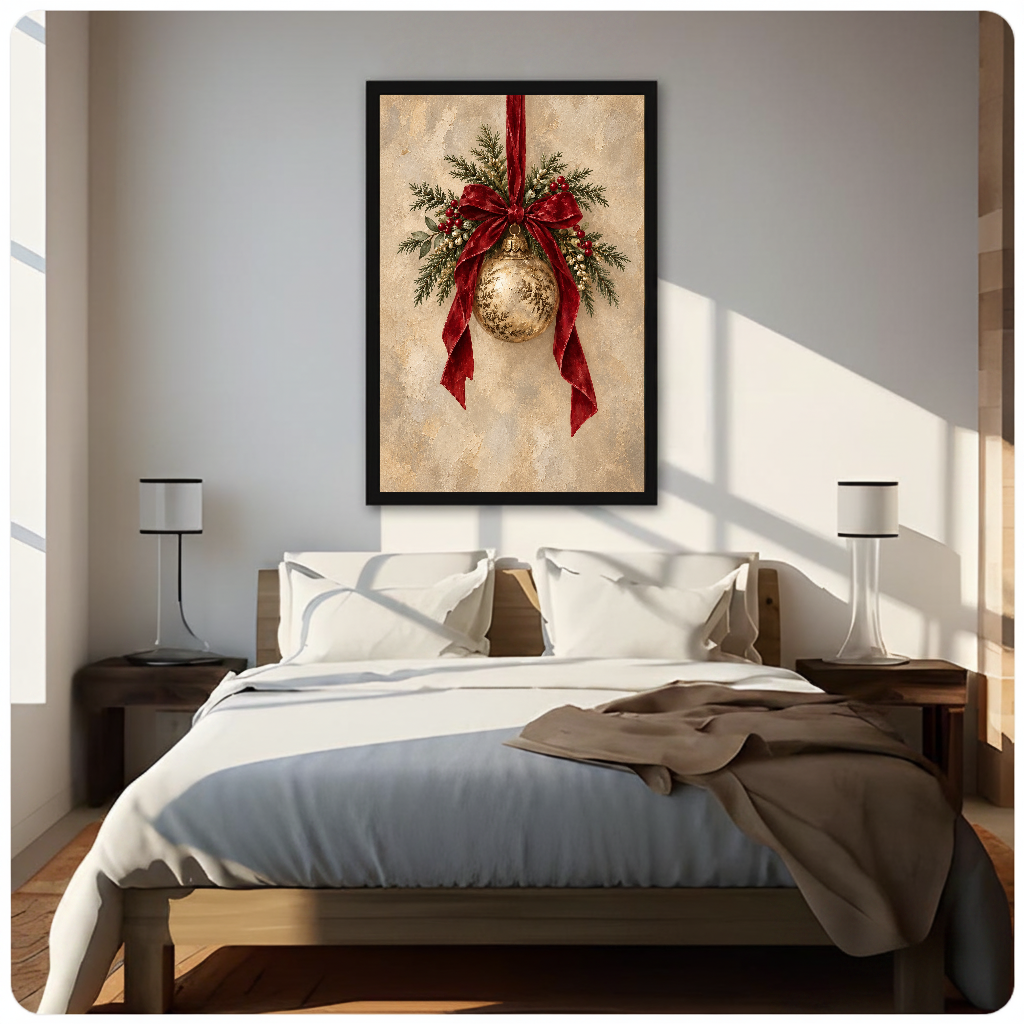 Framed vintage christmas ornament canvas above a neutral bed beside soft bedroom lighting and lamps.