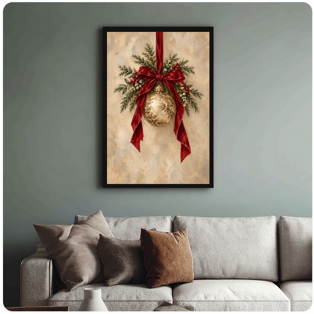Framed vintage christmas ornament canvas above a neutral sofa with cushions against a muted wall.