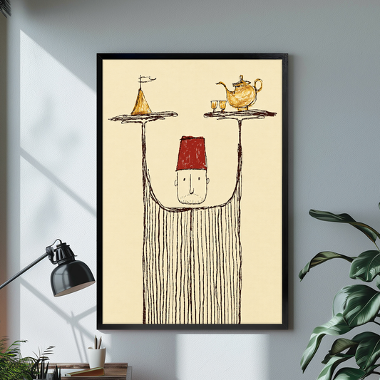 Black framed whimsical tea tray server canvas displayed above a console in the selected room setting.