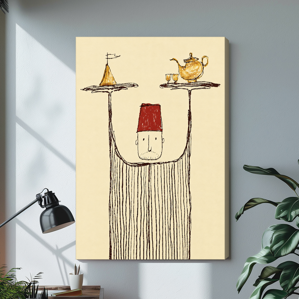 Stretched whimsical tea tray server canvas with a visible wrapped edge in the selected room setting.