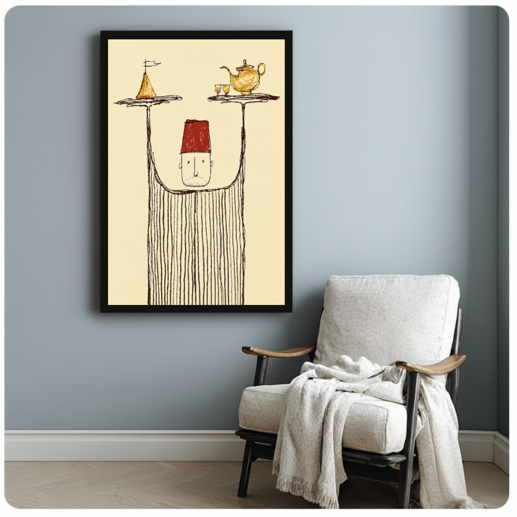 Framed whimsical tea tray server canvas beside a pale reading chair on a blue gray wall.