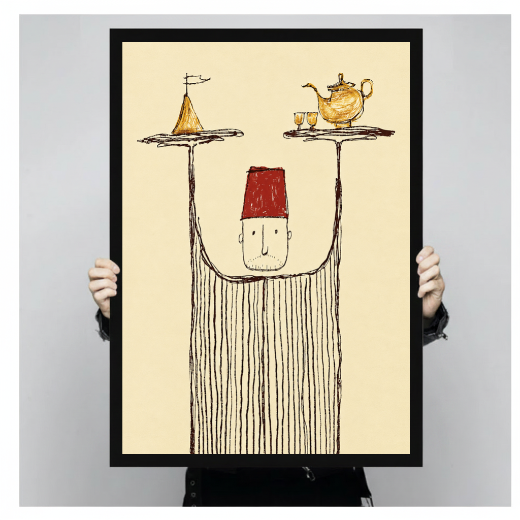 A person holds black framed whimsical tea tray server canvas against a light neutral background.