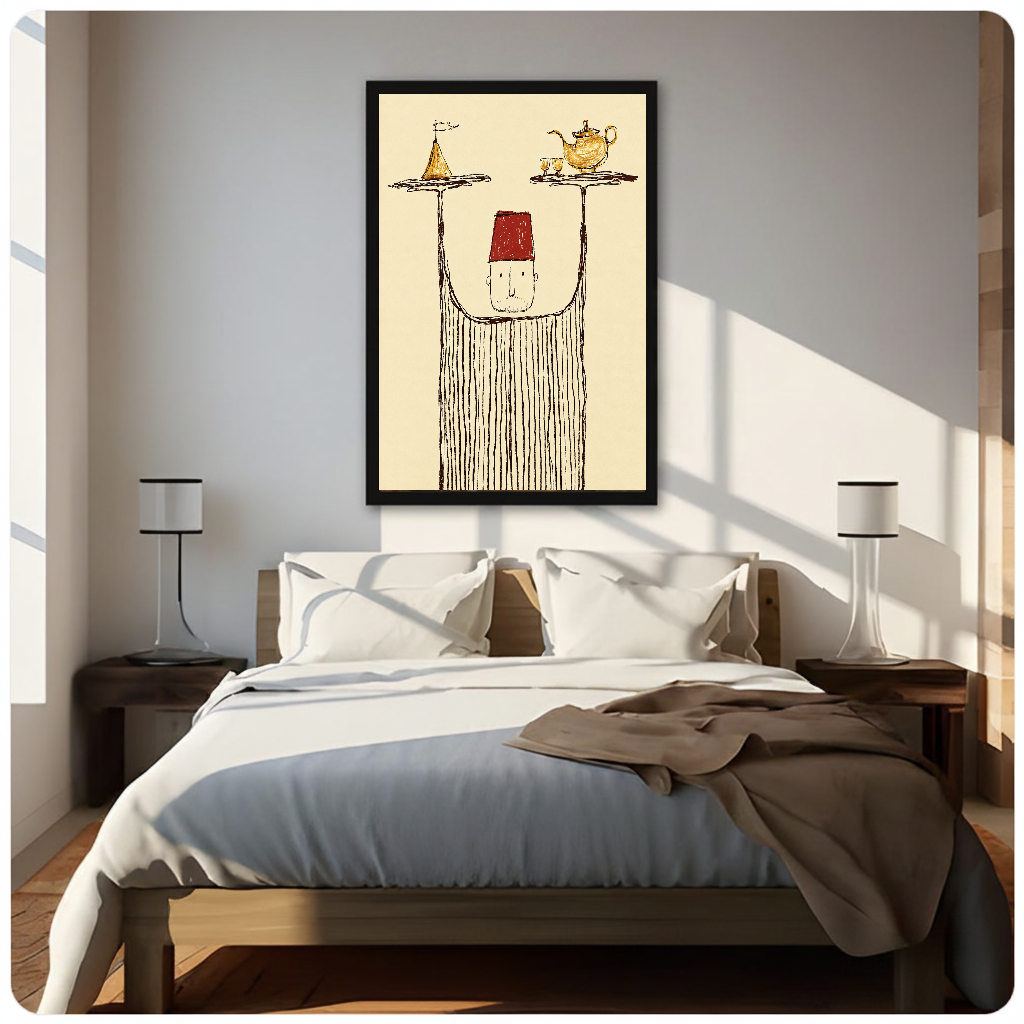 Framed whimsical tea tray server canvas above a neutral bed beside soft bedroom lighting and lamps.