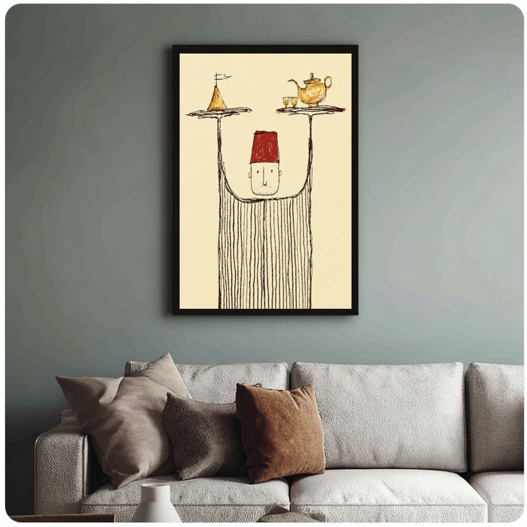 Framed whimsical tea tray server canvas above a neutral sofa with cushions against a muted wall.