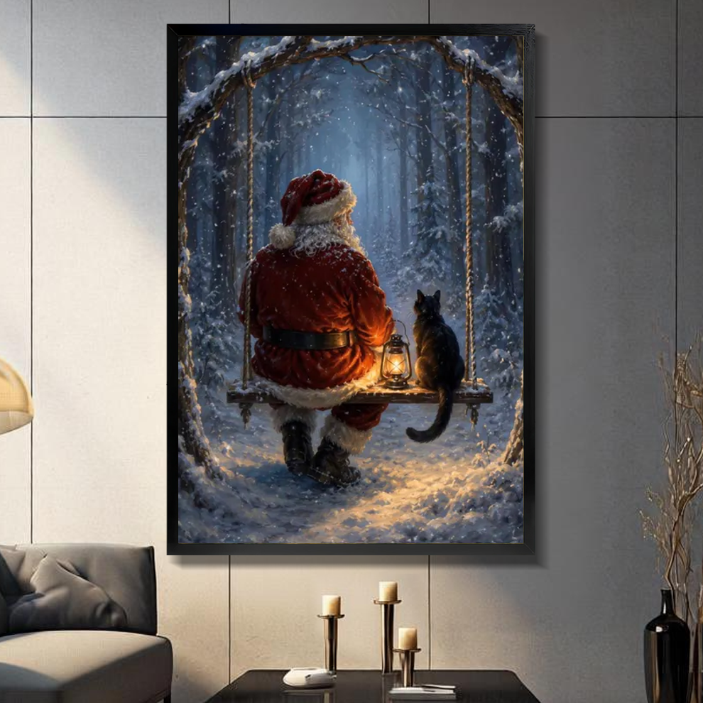 Black framed santa and cat on a swing canvas displayed above a console in the selected room setting.