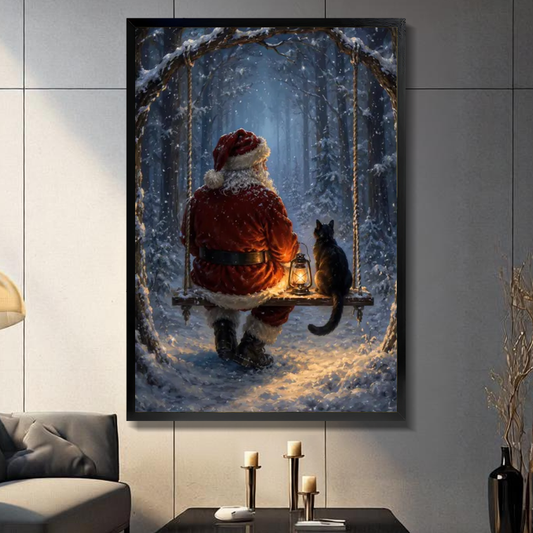 Black framed santa and cat on a swing canvas displayed above a console in the selected room setting.