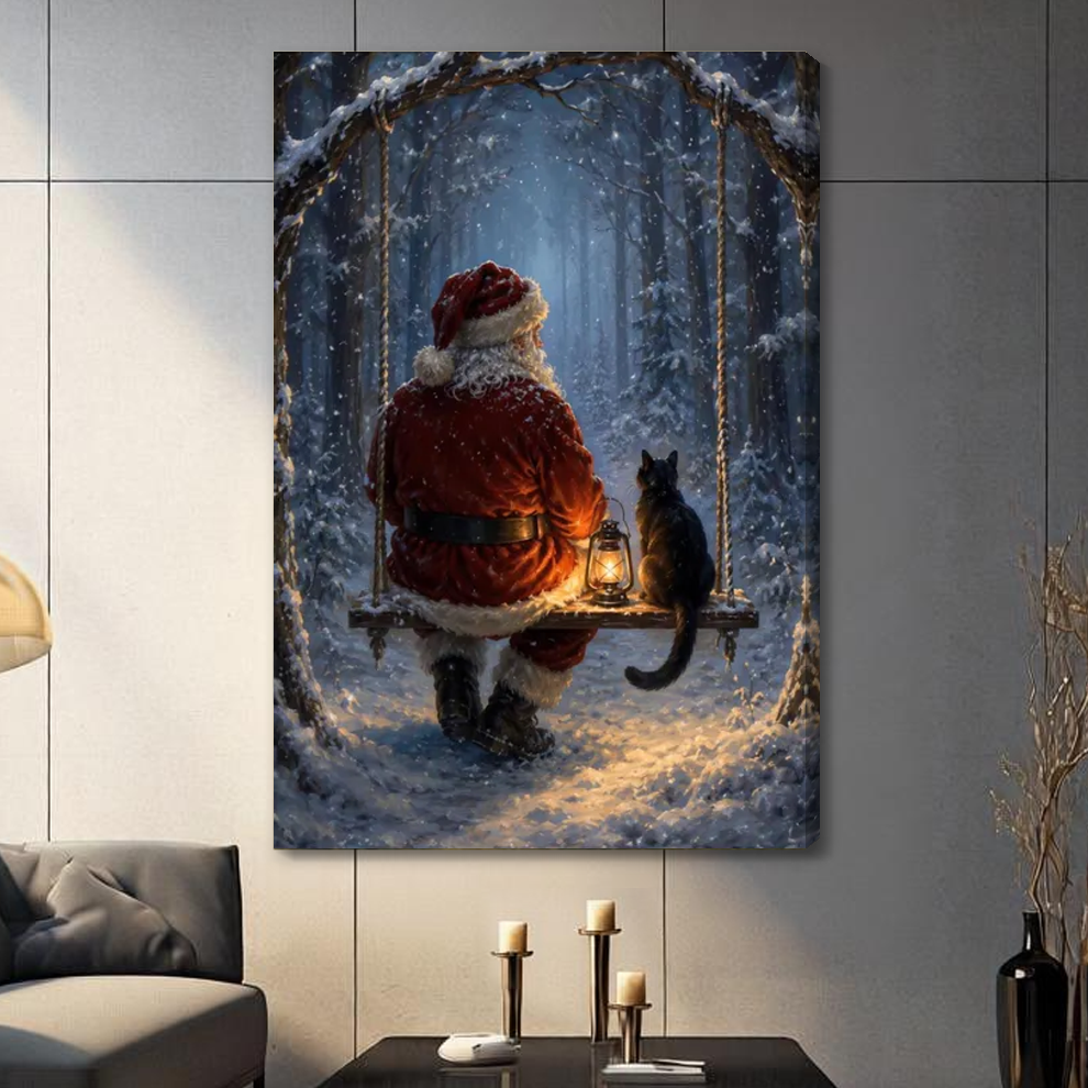 Stretched santa and cat on a swing canvas with a visible wrapped edge in the selected room setting.