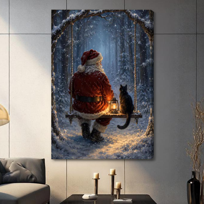Stretched santa and cat on a swing canvas with a visible wrapped edge in the selected room setting.