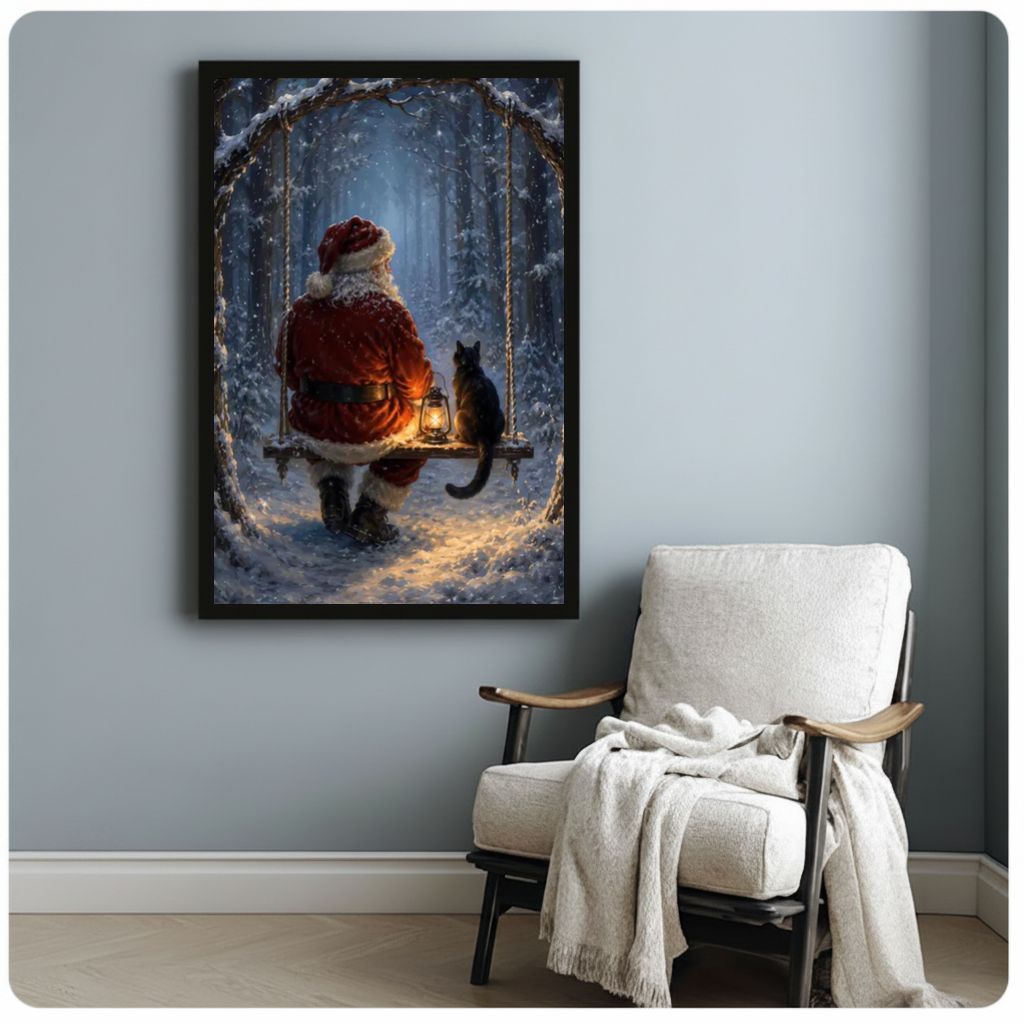 Framed santa and cat on a swing canvas beside a pale reading chair on a blue gray wall.