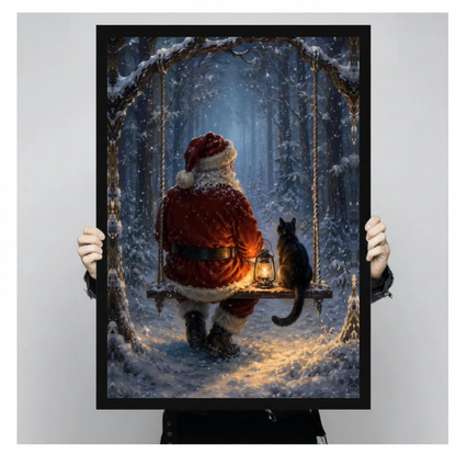 A person holds black framed santa and cat on a swing canvas against a light neutral background.