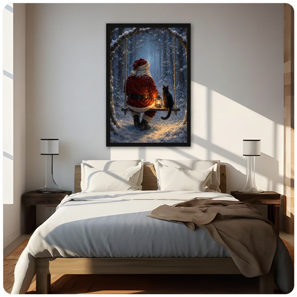 Framed santa and cat on a swing canvas above a neutral bed beside soft bedroom lighting and lamps.
