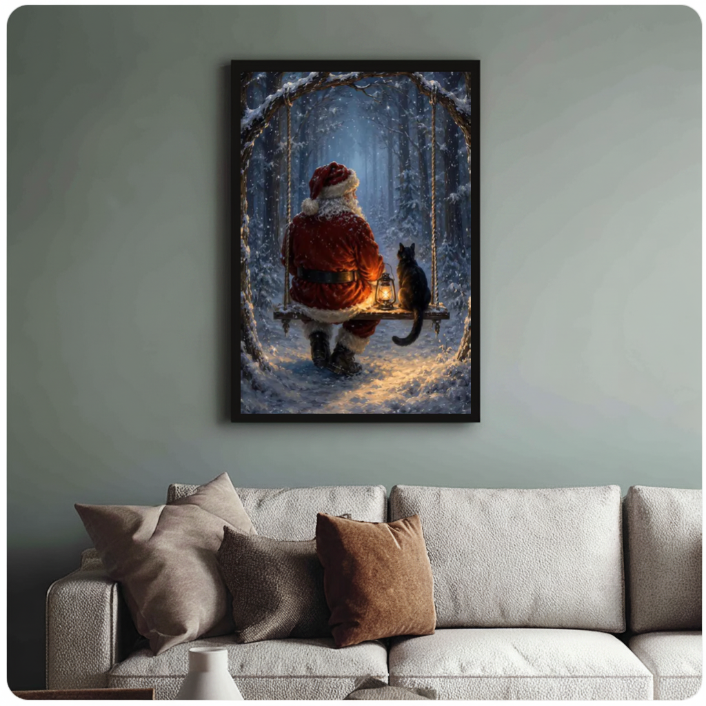 Framed santa and cat on a swing canvas above a neutral sofa with cushions against a muted wall.