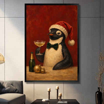 Black framed festive penguin toast canvas displayed above a console in the selected room setting.