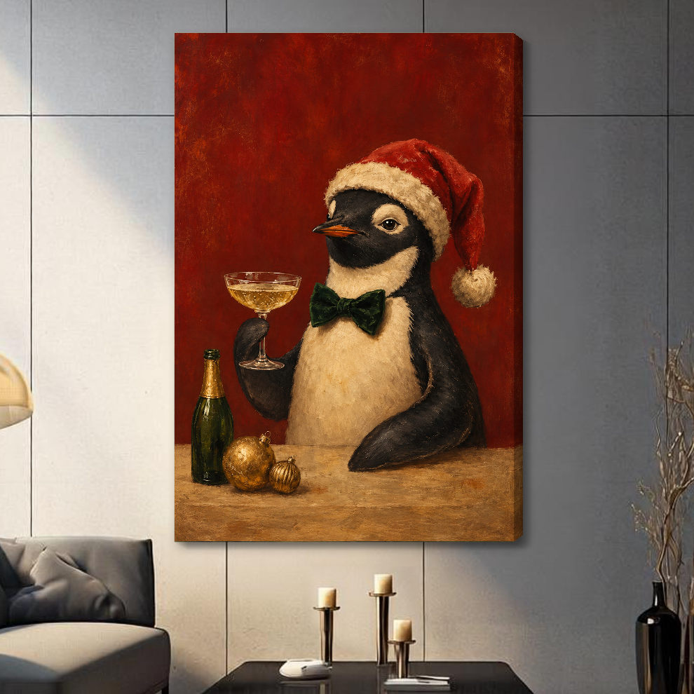 Stretched festive penguin toast canvas with a visible wrapped edge in the selected room setting.