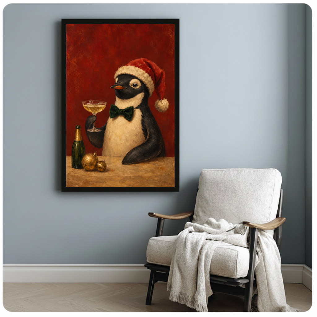 Framed festive penguin toast canvas beside a pale reading chair on a blue gray wall.
