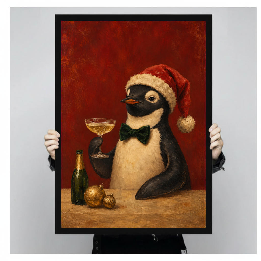 A person holds black framed festive penguin toast canvas against a light neutral background.