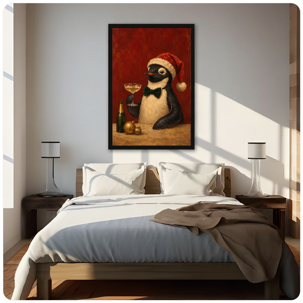 Framed festive penguin toast canvas above a neutral bed beside soft bedroom lighting and lamps.