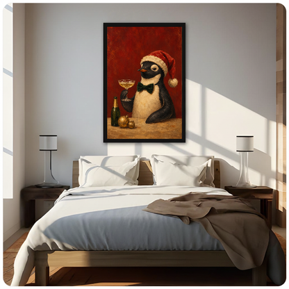 Framed festive penguin toast canvas above a neutral bed beside soft bedroom lighting and lamps.