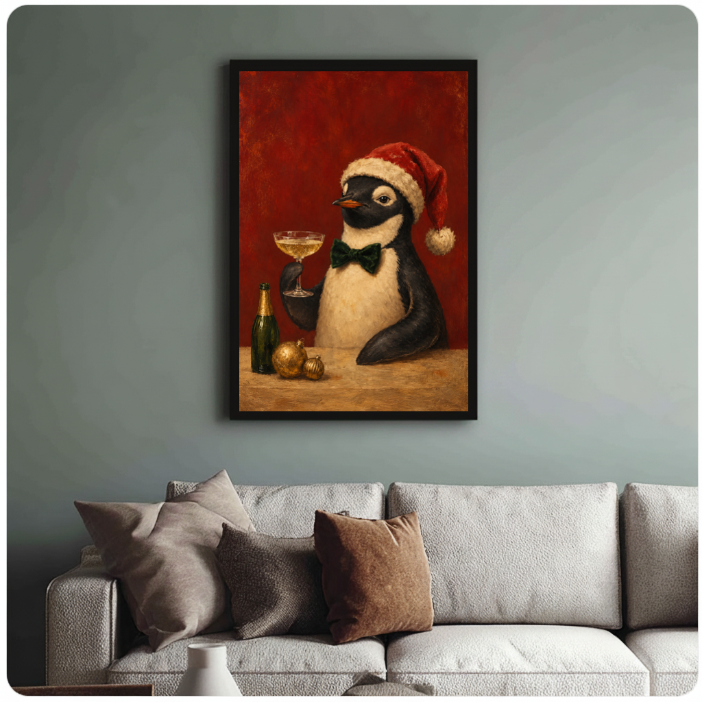Framed festive penguin toast canvas above a neutral sofa with cushions against a muted wall.