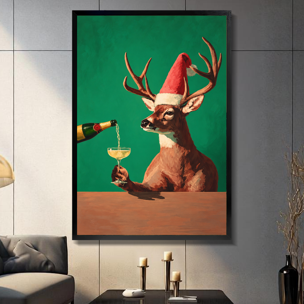 Black framed festive deer champagne toast canvas on a dark paneled wall beside warm candles.