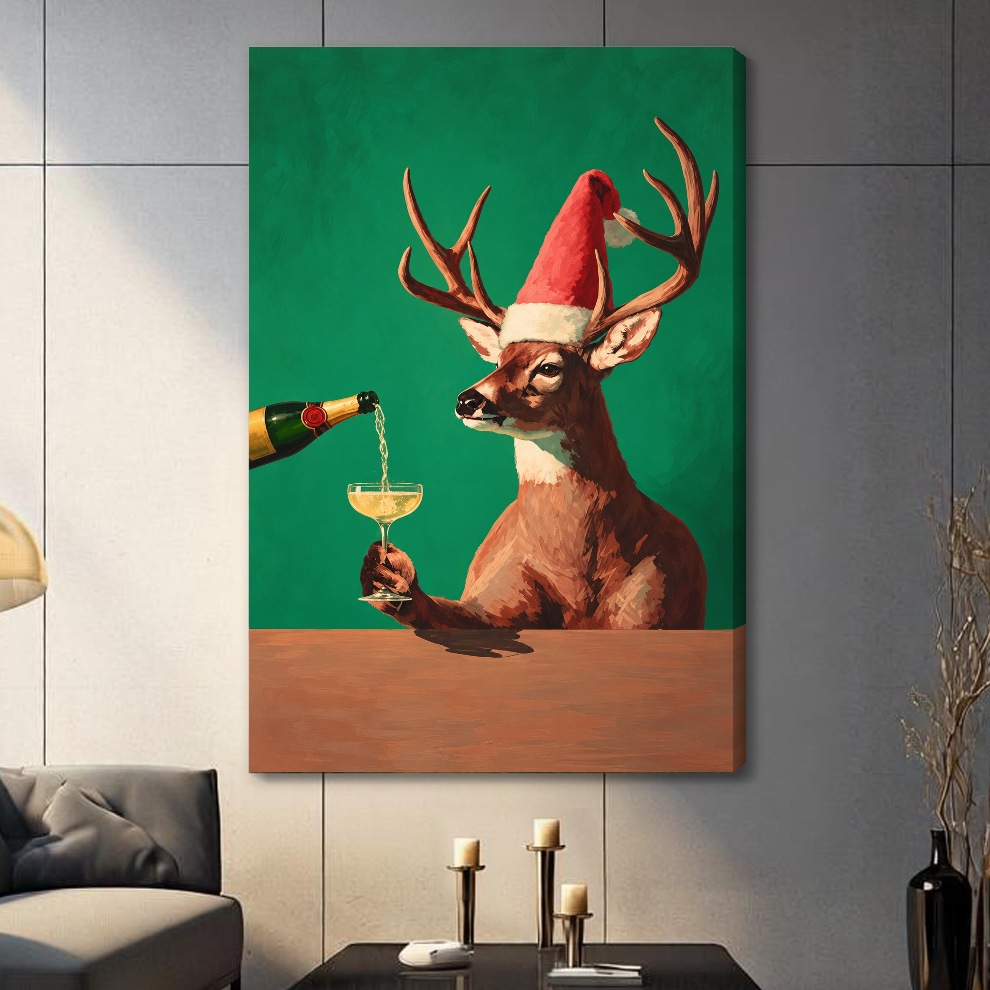 Stretched festive deer champagne toast canvas with a shaded wrapped edge in the selected room setting.