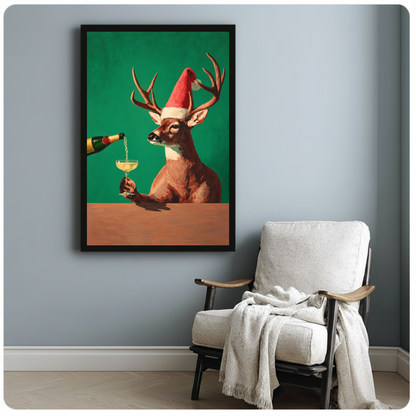 Framed festive deer champagne toast canvas beside a pale reading chair on a blue gray wall.