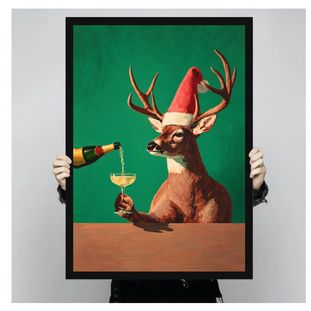 Framed festive deer champagne toast canvas held by a person against a light neutral background.