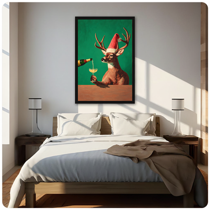 Framed festive deer champagne toast canvas above a neutral bed beside soft bedroom lighting and lamps.