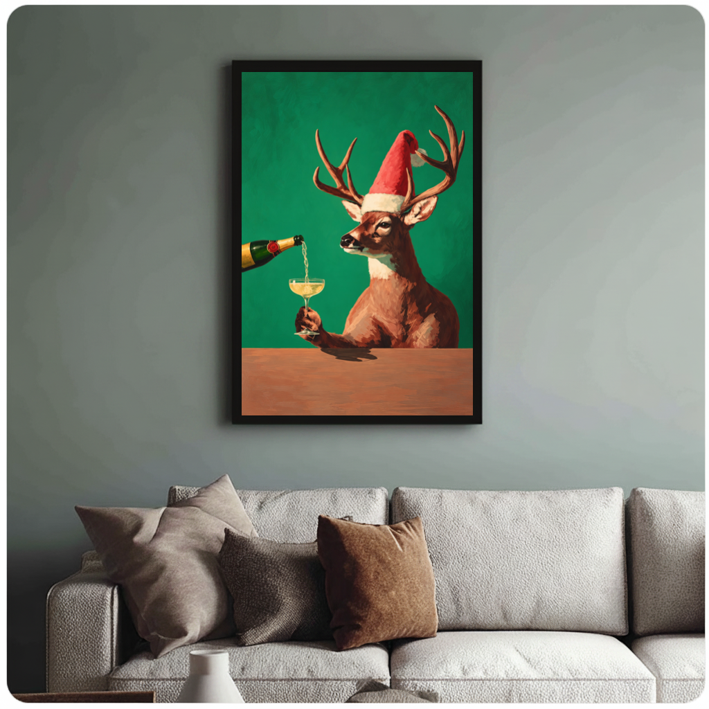 Framed festive deer champagne toast canvas above a neutral sofa with cushions against a muted wall.