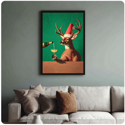 Framed festive deer champagne toast canvas above a neutral sofa with cushions against a muted wall.
