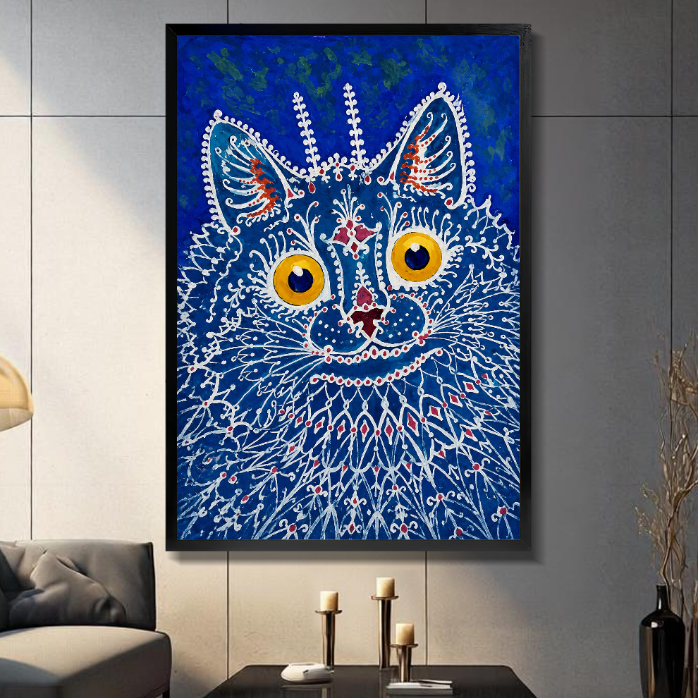Black framed blue lacework cat canvas displayed above a console in the selected room setting.