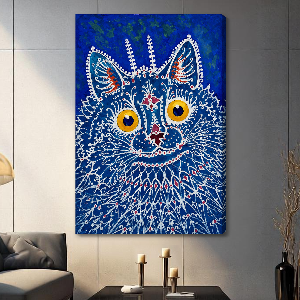 Stretched blue lacework cat canvas with a visible wrapped edge in the selected room setting.