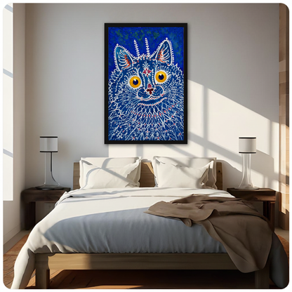 Framed blue lacework cat canvas above a neutral bed beside soft bedroom lighting and lamps.
