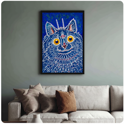 Framed blue lacework cat canvas above a neutral sofa with cushions against a muted wall.